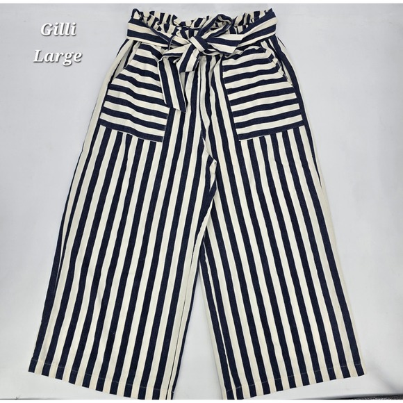 Gilli Pants - GILLI Navy White Striped Paperbag Waist Wide Leg Pants Large Coastal Nautical